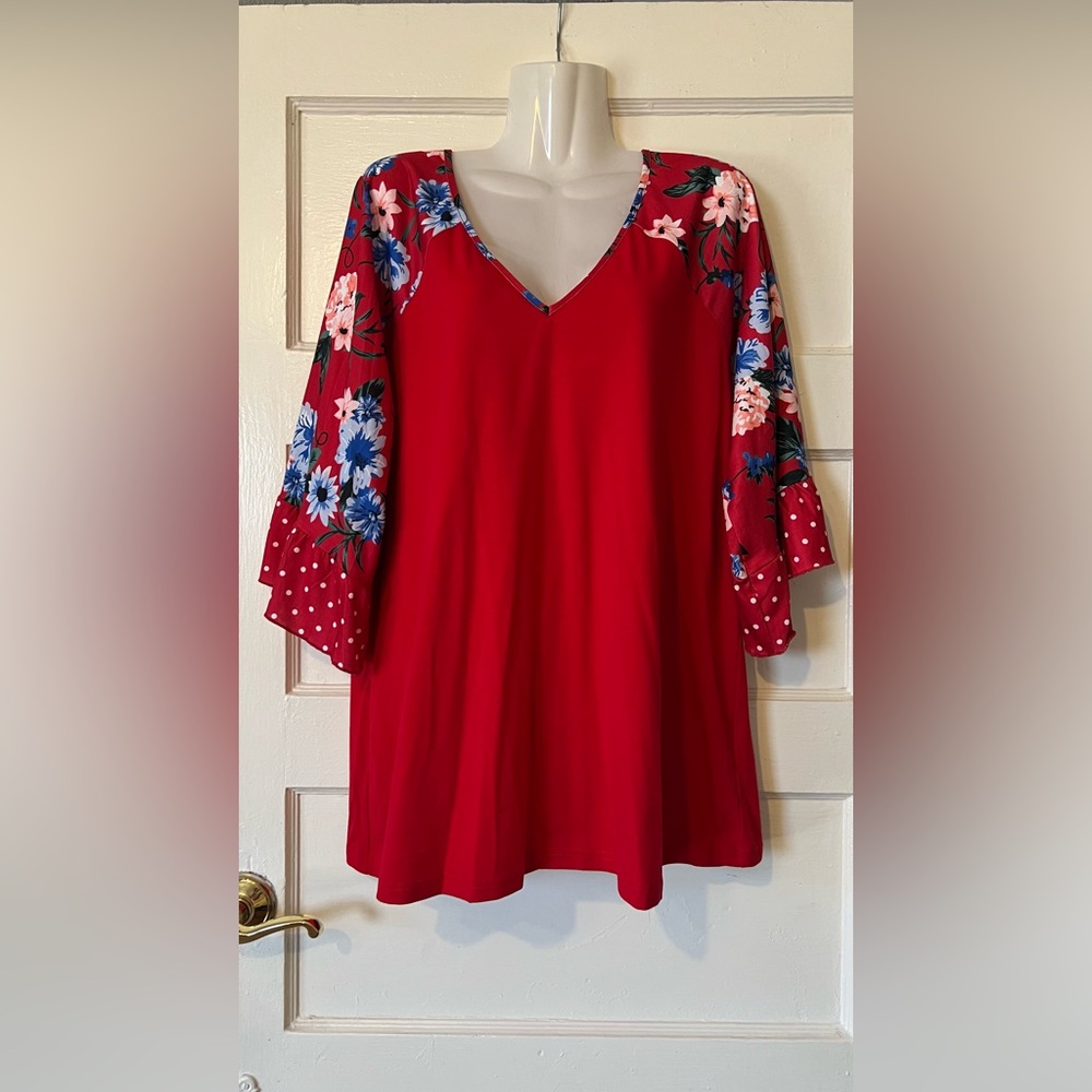 Women's Red V-Neck Blouse with Floral and Polka Dot Sleeves